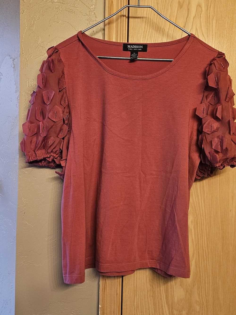 Madison Rosewood Short Sleeve Top with Textured Puff Sleeves